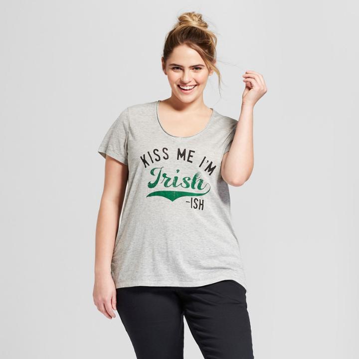 Women's Plus Size St. Patrick's Day Kiss Me I'm Irish-ish Printed Short Sleeve V-neck Graphic T-shirt - Grayson Threads (juniors') - Gray