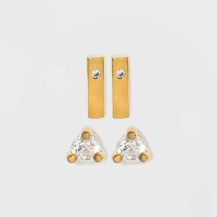14k Gold Plated Cubic Zirconia And Bar Stud Duo Earrings - A New Day