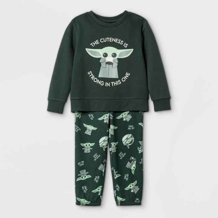 Toddler Boys' Star Wars Baby Yoda Fleece Crew Neck Top And Bottom Set - Olive Green