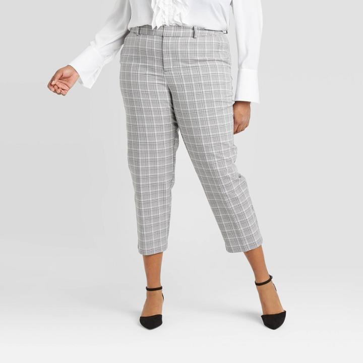Women's Plus Size Plaid Slim Cropped Pants - A New Day Gray