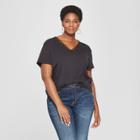 Women's Plus Size Floral Ruched Back Short Sleeve T-shirt- Ava & Viv Black X