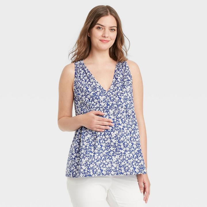 The Nines By Hatch Sleeveless V-neck Smocked Shoulder Maternity Blouse Blue Floral Print