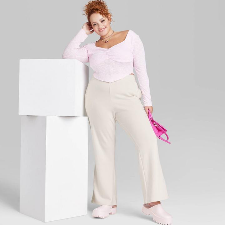 Women's Plus Size High-rise Wide Leg French Terry Sweatpants - Wild Fable Almond