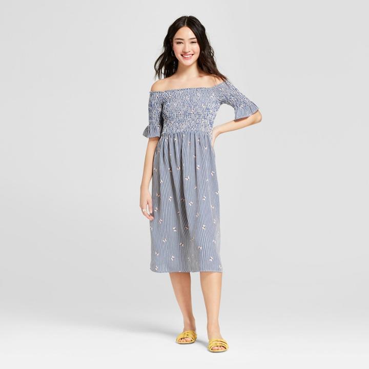 Women's Striped Smocked Off The Shoulder Midi Dress - Lots Of Love By Speechless (juniors') Blue M, Off-white Blue
