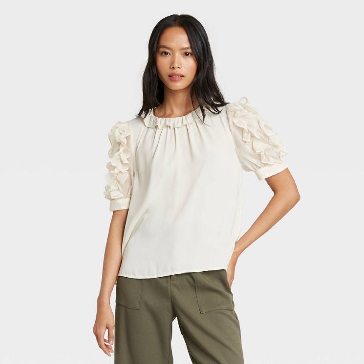 Women's Puff Elbow Sleeve Ruffle Top - Who What Wear Cream