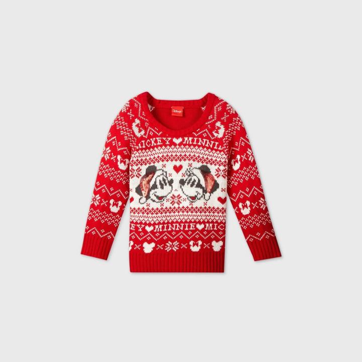 Disney Toddler Girls' Mickey And Minnie Mouse Santa Hat Ugly Christmas Sweater - Red