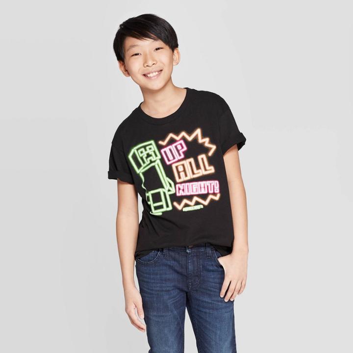 Boys' Minecraft Neon Up All Night Crew Short Sleeve T-shirt - Black