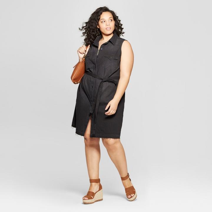 Women's Plus Size Sleeveless Collared Western Denim Shirt Dress - Universal Thread Black