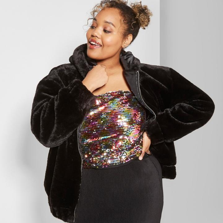 Women's Plus Size Animal Print Fuzzy Faux Fur Zip-up Jacket - Wild Fable Black