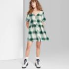 Women's Short Sleeve Button-front Woven Shirtdress - Wild Fable Green Plaid