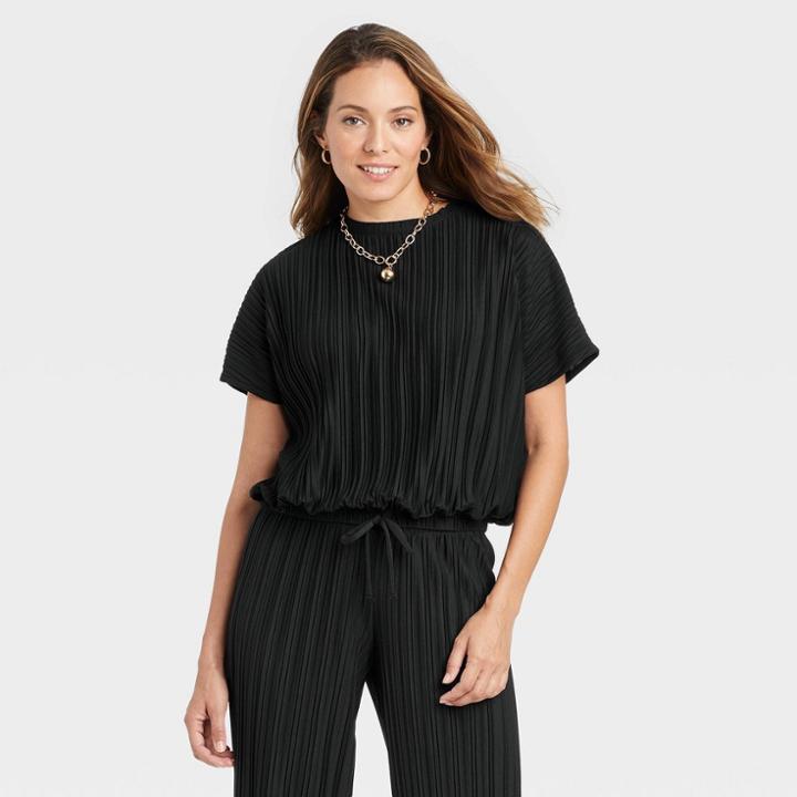 Women's Dolman Short Sleeve Plisse Top - A New Day Black