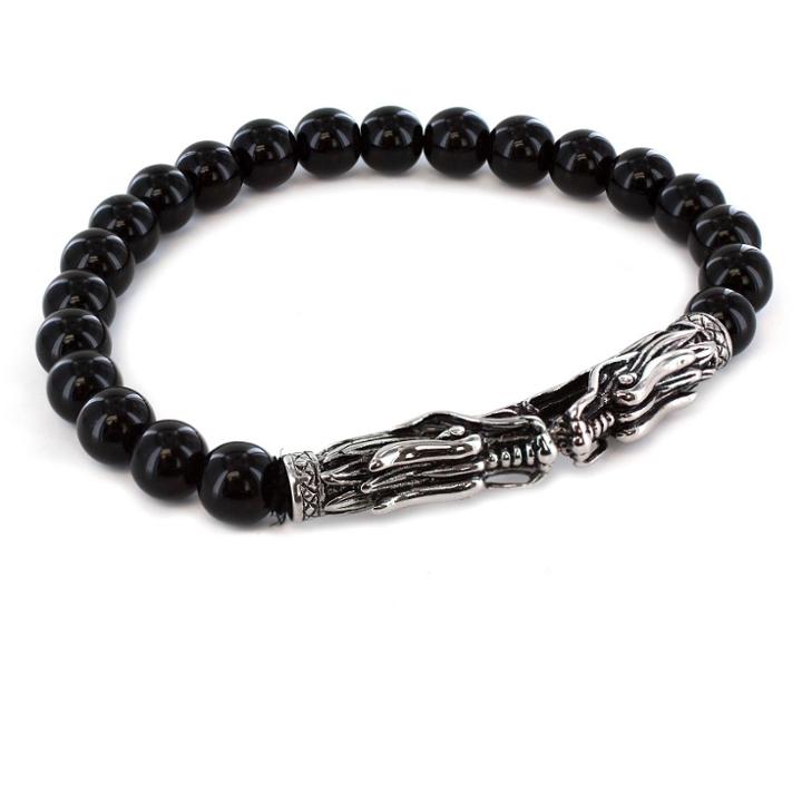 Men's Crucible Stainless Steel Onyx Antiqued Finish Dragon Beaded Stretch Bracelet (8mm) - Black/silver