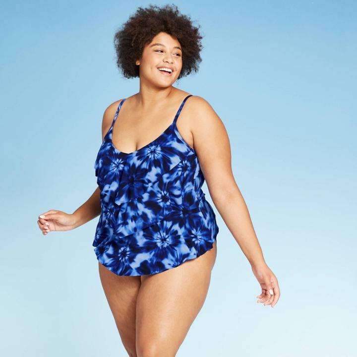 Women's Plus Size Tiered Tankini Top - Aqua Green Tie-dye 16w, Women's, Blue