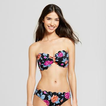 Vanilla Beach Women's Scallop Bandeau Bikini Top - Black Floral