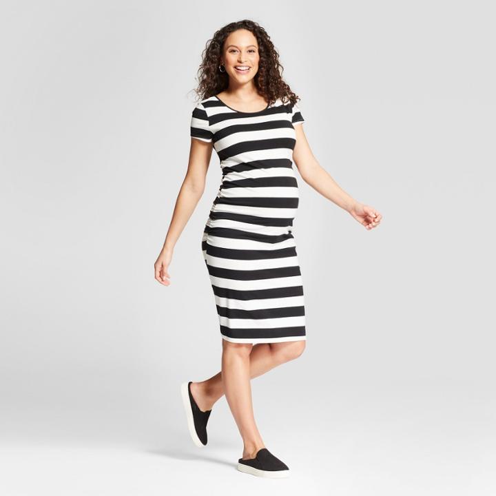 Maternity Short Sleeve Shirred Striped T-shirt Dress - Isabel Maternity By Ingrid & Isabel Black/cream L, Women's, Black/cream
