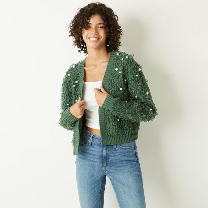 Mighty Fine Women's Holiday Loop And Pearl Cardigan Sweater - Green