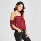 Women's Floral Print Short Sleeve Cold Shoulder Top With Sleeve Ties - Xhilaration Cranberry (red)