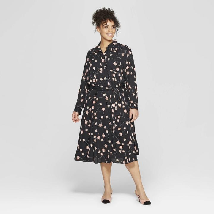 Women's Plus Size Floral Print Long Convertible Sleeve Button Detailed Shirtdress - Who What Wear Black
