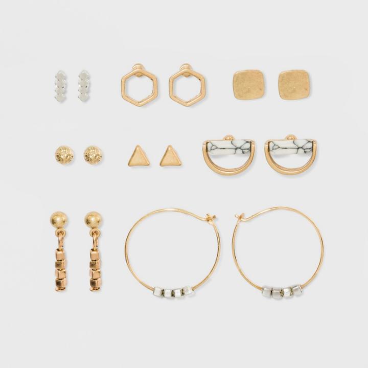 Geometric Shapes, Ball Button And Semi Precious Howlite Earring Set 8ct - Universal Thread Gold