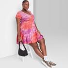 Women's Plus Size Short Sleeve Tiered Knit Babydoll Dress - Wild Fable Pink Tie-dye