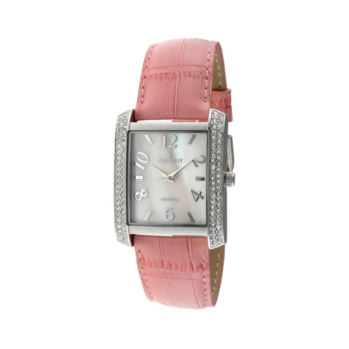 Peugeot Watches Women's Peugeot Crystal Accented Mop Leather Strap Watch - Silver/pink, Ballet