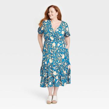 Women's Plus Size Short Sleeve Wrap Dress - Knox Rose Blue Floral