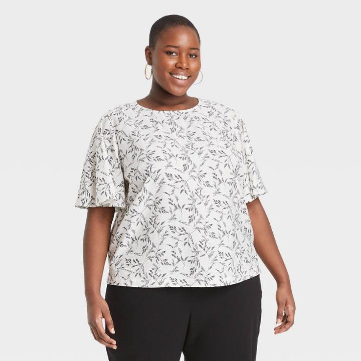 Women's Plus Size Leaf Print Flutter Short Sleeve Top - A New Day White/black