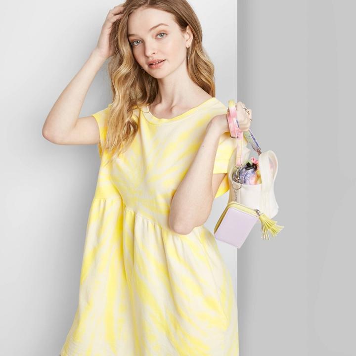 Women's Short Sleeve Crewneck Tie-dye Knit Babydoll Mini T-shirt Dress - Wild Fable Yellow