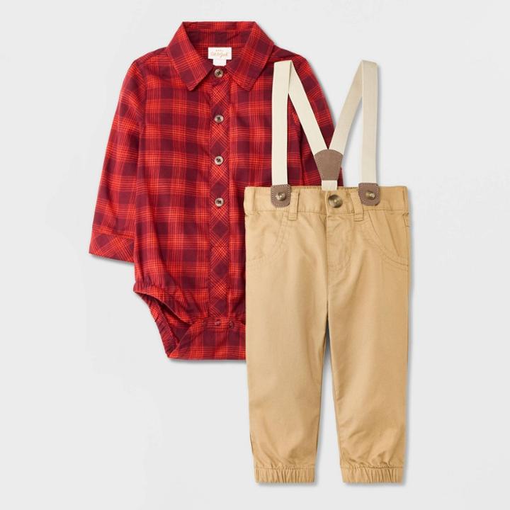 Baby Boys' Plaid Suspender Set - Cat & Jack Maroon Newborn, Red