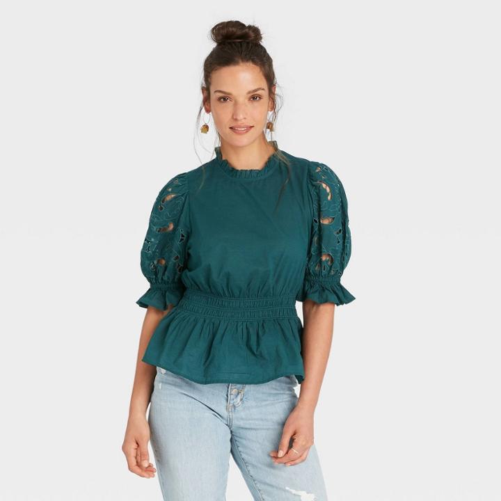 Women's Puff Short Sleeve Eyelet Peplum Top - Universal Thread Dark Green