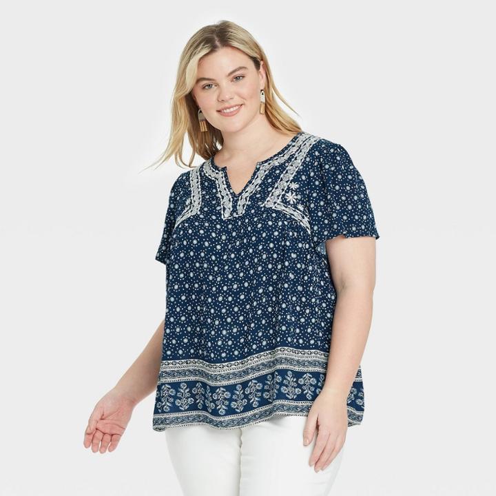 Women's Plus Size Printed Short Sleeve Embroidered Top - Knox Rose Navy