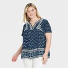 Women's Plus Size Printed Short Sleeve Embroidered Top - Knox Rose Navy