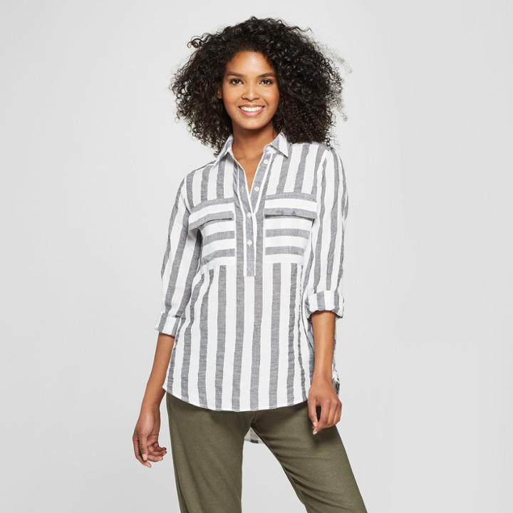 Women's Striped Long Sleeve Henley Top - Who What Wear Black/white