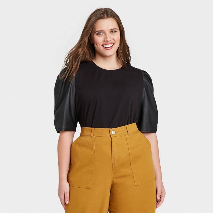 Women's Plus Size Faux Leather Puff 3/4 Sleeve T-shirt - Who What Wear Black