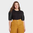 Women's Plus Size Faux Leather Puff 3/4 Sleeve T-shirt - Who What Wear Black