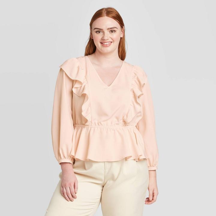 Women's Plus Size Long Sleeve V-neck Ruffle Blouse - Who What Wear Peach 1x, Women's, Size: