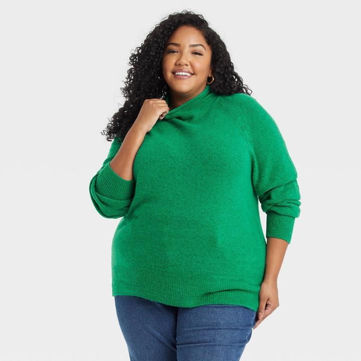 Women's Plus Size Mock Turtleneck Pullover Sweater - Ava & Viv Green