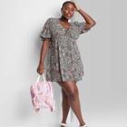 Women's Plus Size Puff Short Sleeve Tie-front Dress - Wild Fable Floral