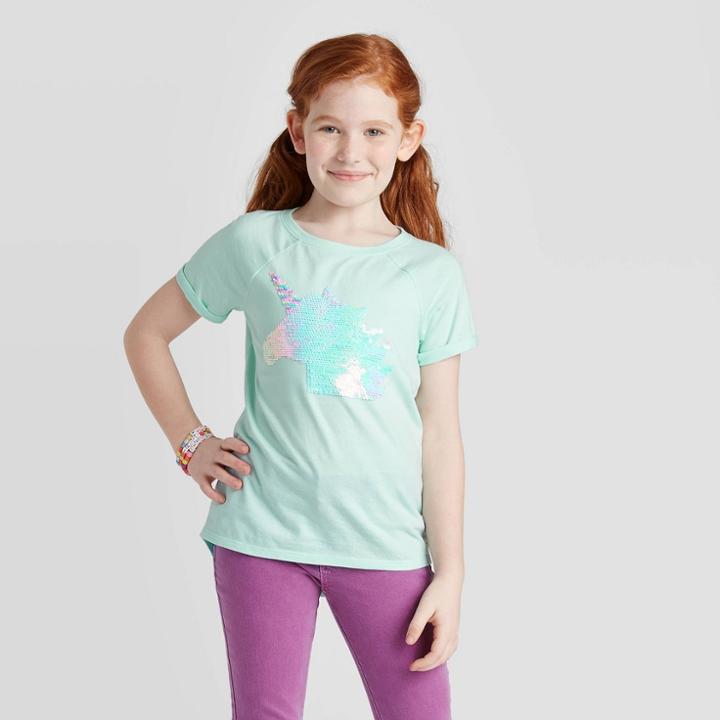 Petitegirls' Short Sleeve Flip Sequin Unicorn T-shirt - Cat & Jack Aqua Xs, Girl's, Green