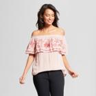 Women's Floral Print Short Sleeve Embroidered Off The Shoulder Top - Knox Rose Pink