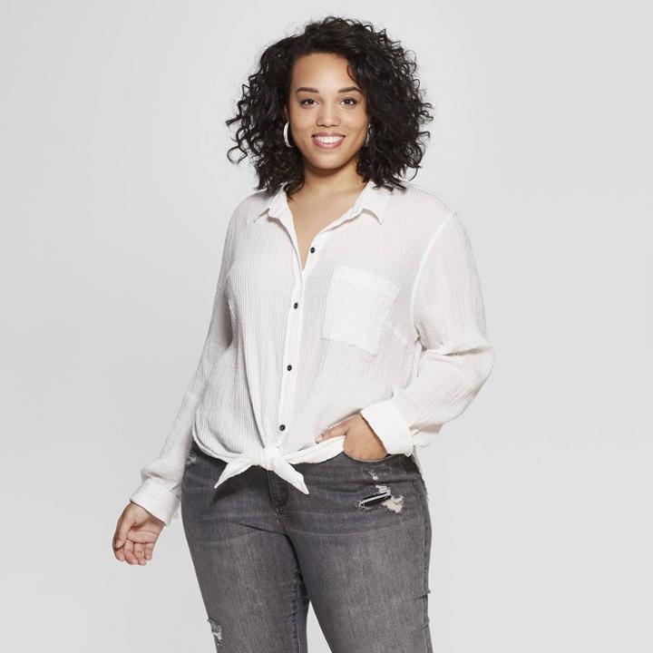 Women's Plus Size Striped Long Sleeve V-neck Button Front Shirt - Universal Thread White