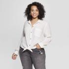 Women's Plus Size Striped Long Sleeve V-neck Button Front Shirt - Universal Thread White
