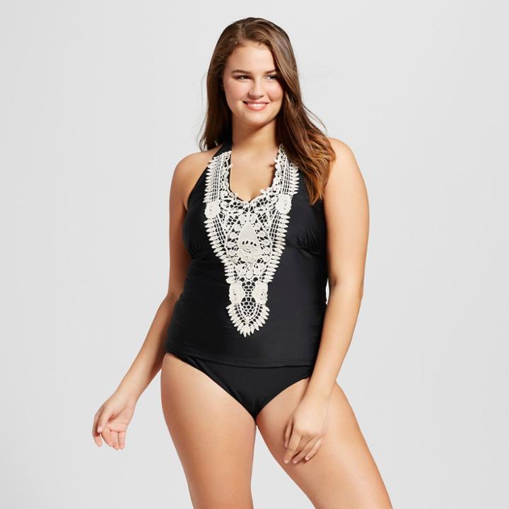 Surfside Women's Plus Size Crochet Halter Tankini - Black