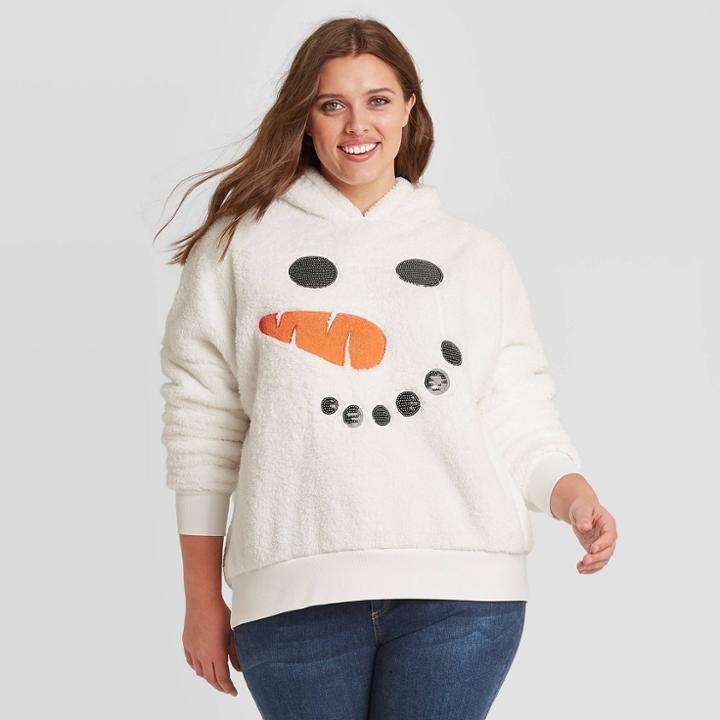 Zoe+liv Women's Plus Size Snowman Sherpa Hooded Sweatshirt - White