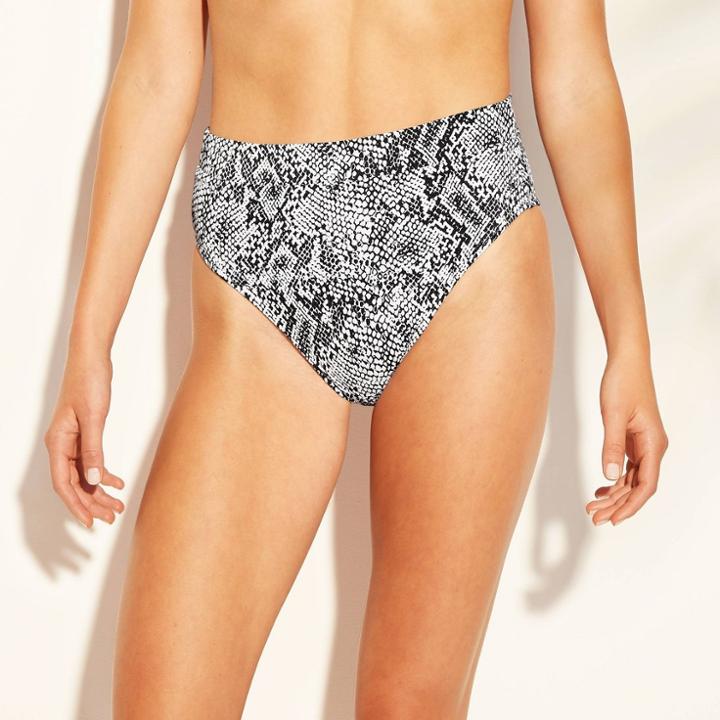 Women's Ribbed Cheeky High Leg High Waist Bikini Bottom - Xhilaration Black And White Snake Print