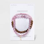 No Brand Semi-precious Amethyst And Wood Beads With Triangle Charm Stretch And Multi-strand Bracelet Set