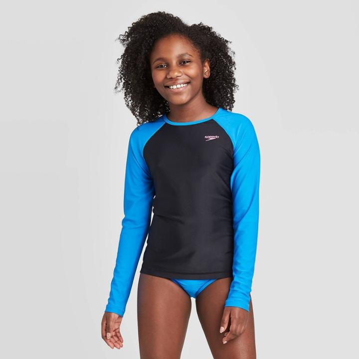 Speedo Girls' Long Sleeve Rash Guard - Black S, Girl's,