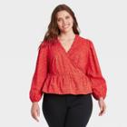 Women's Plus Size Floral Print Balloon Long Sleeve Wrap Top - Universal Thread Red