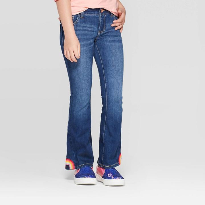 Girls' Embroidered Rainbow Flare Jeans - Cat & Jack Dark Wash