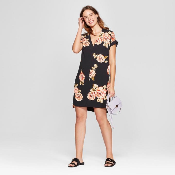 Women's Floral Print Short Sleeve Crepe Dress - A New Day Black